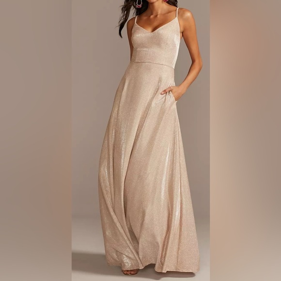 David’s Bridal Glitter Spaghetti Strap Gown Gold Size 1 (altered) - Picture 1 of 13
